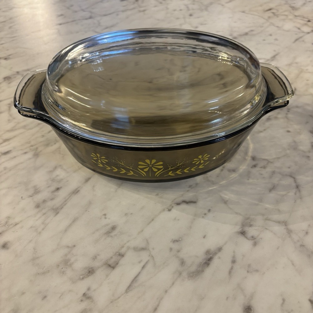 Vintage Glasbake Oval Amber Casserole Dish W Lid Yellow Daisy Flowers